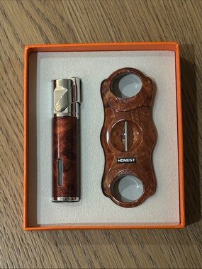 Brown Wood-Effect Cigar Cutter and Torch Lighter Gift Set